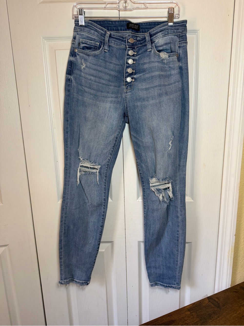 Judy Blue Boyfriend Jeans Women’s 5/27 Distressed Button Fly Raw Hem Stretch EUC